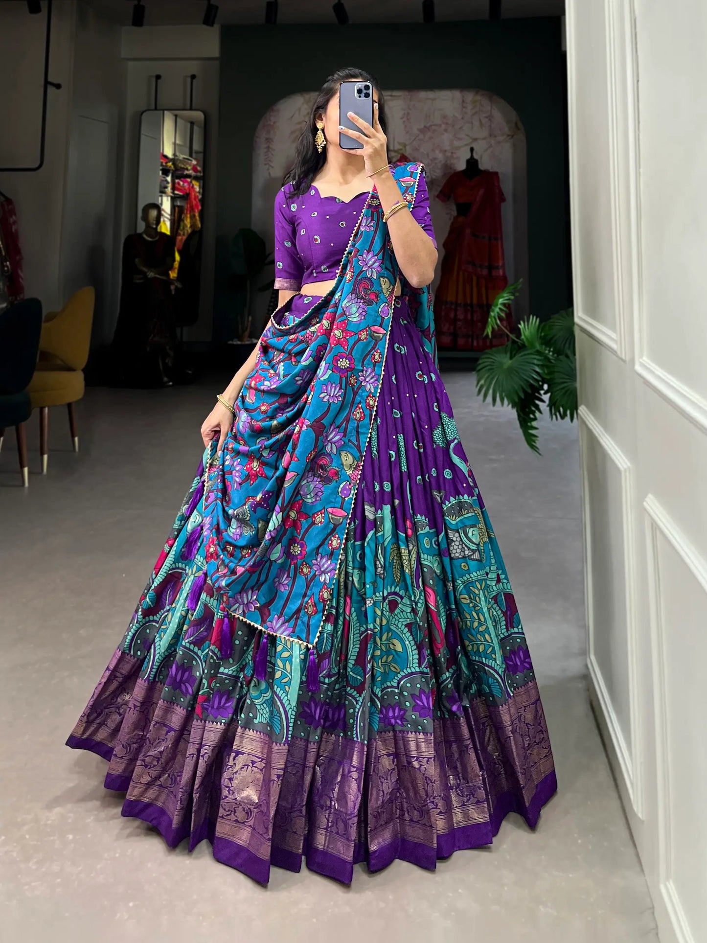 Purple Tussar Silk Kalamkari Printed Lehenga Choli