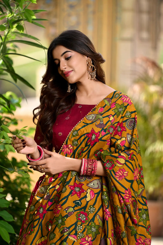 Red Tussar Silk Kalamkari Printed Lehenga Choli