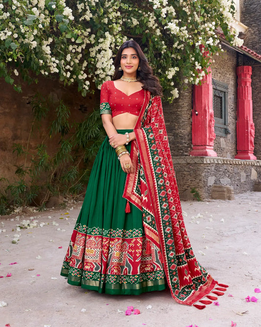 Green Tussar Silk Patola Print And Foil Work Lehenga Choli