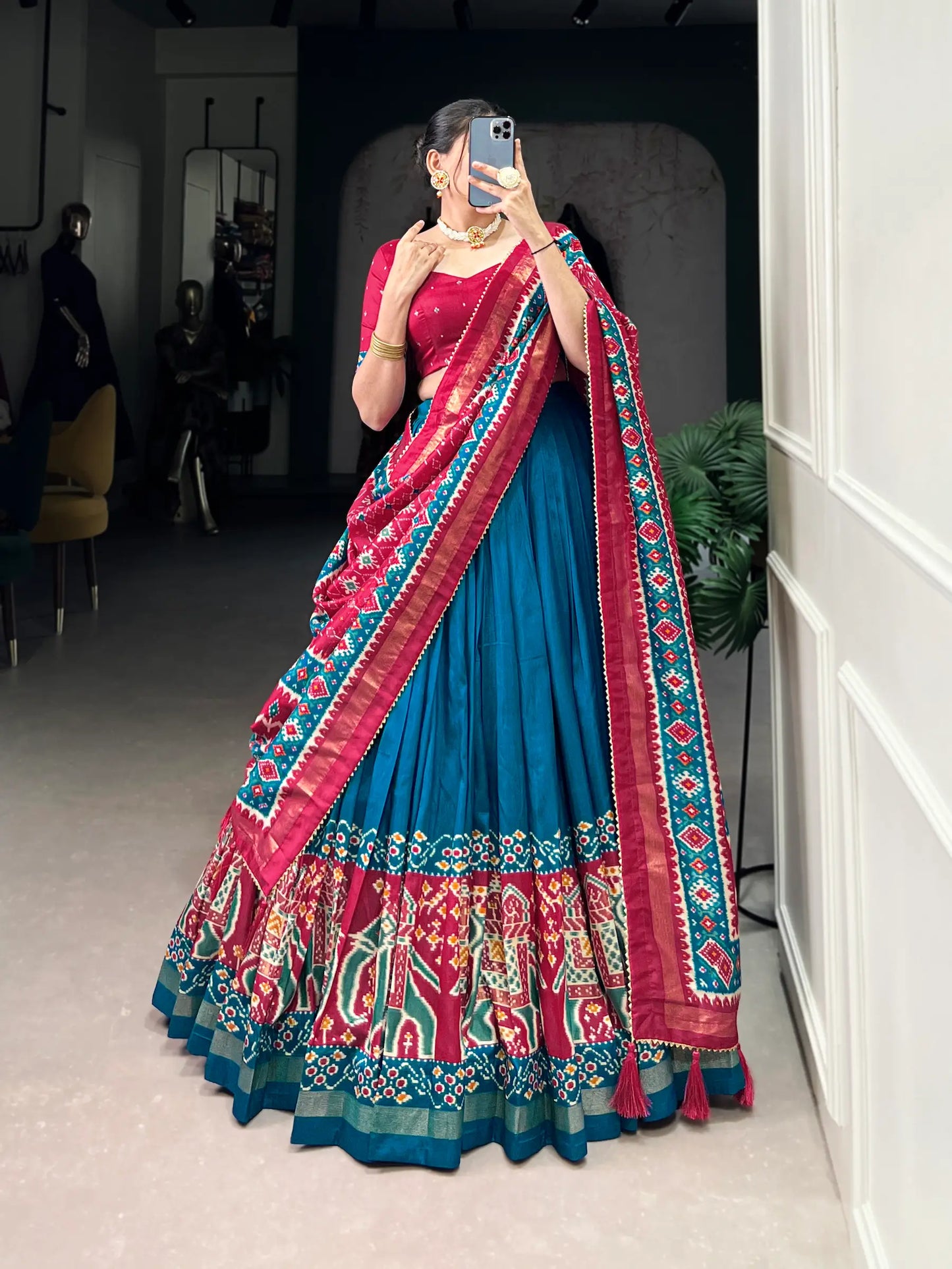 Teal Tussar Silk Patola Print And Foil Work Lehenga Choli
