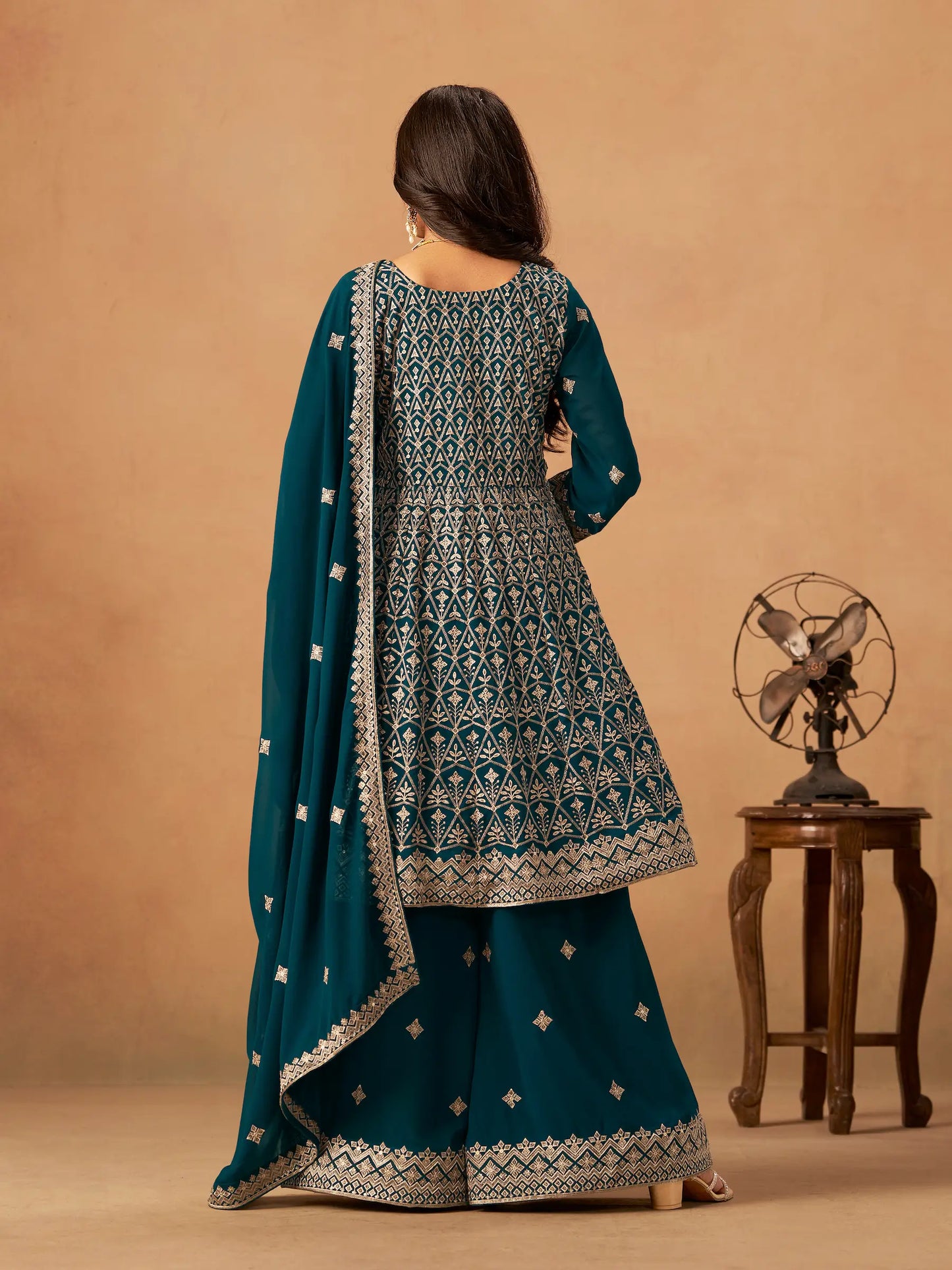 Teal Blue Georgette Embroidery Work Palazzo Set