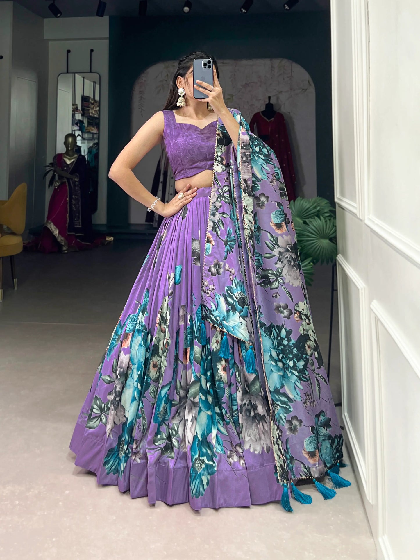 Lavender Tussar Silk Floral Printed Lehenga Choli