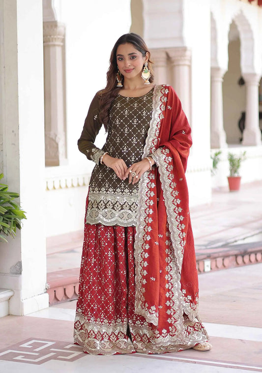 Green Red Silk Embroidery Sharara Suit