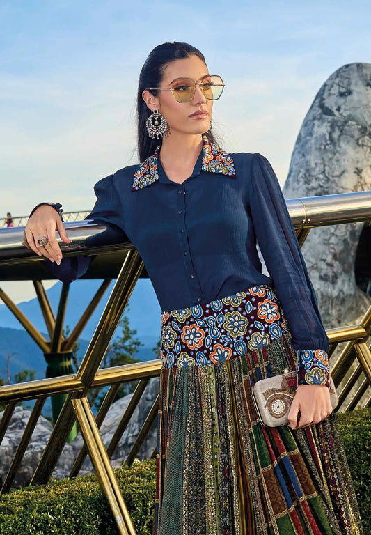 Designer Blue With multi Color Print Stylish Shirt And Skirt Indo Western