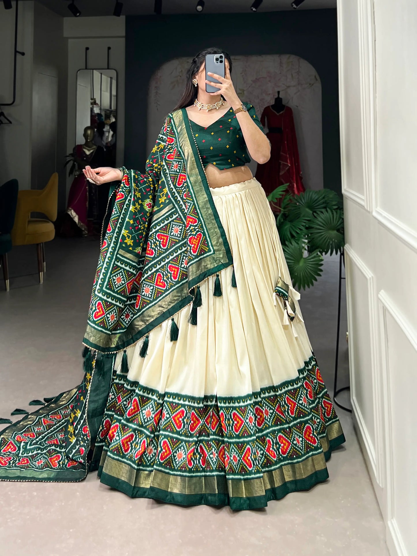 Green Tussar Silk Patola Printed Lehenga Choli