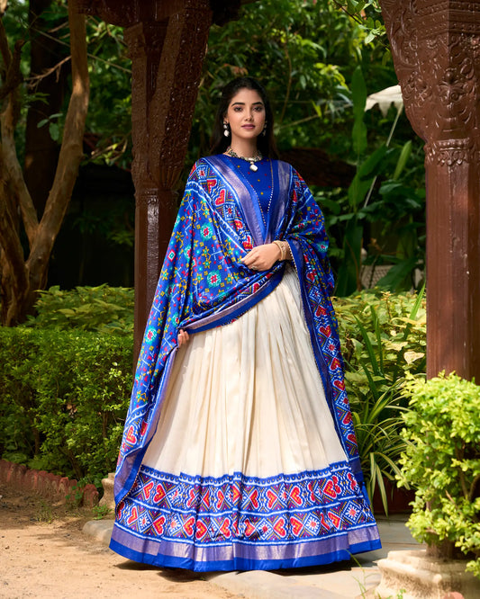 Royal Blue Tussar Silk Patola Printed Lehenga Choli