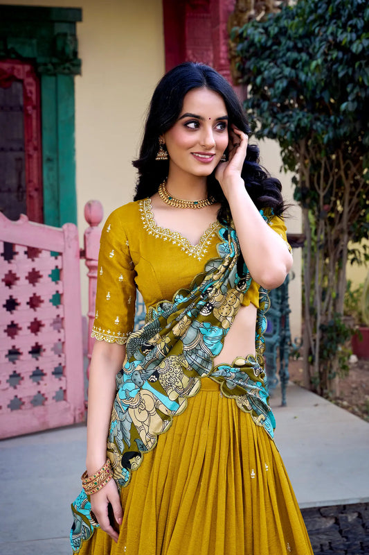 Mustard Vichitra Silk Lehenga Choli With Kalamkari Print & Thread, Sequins Embroidery