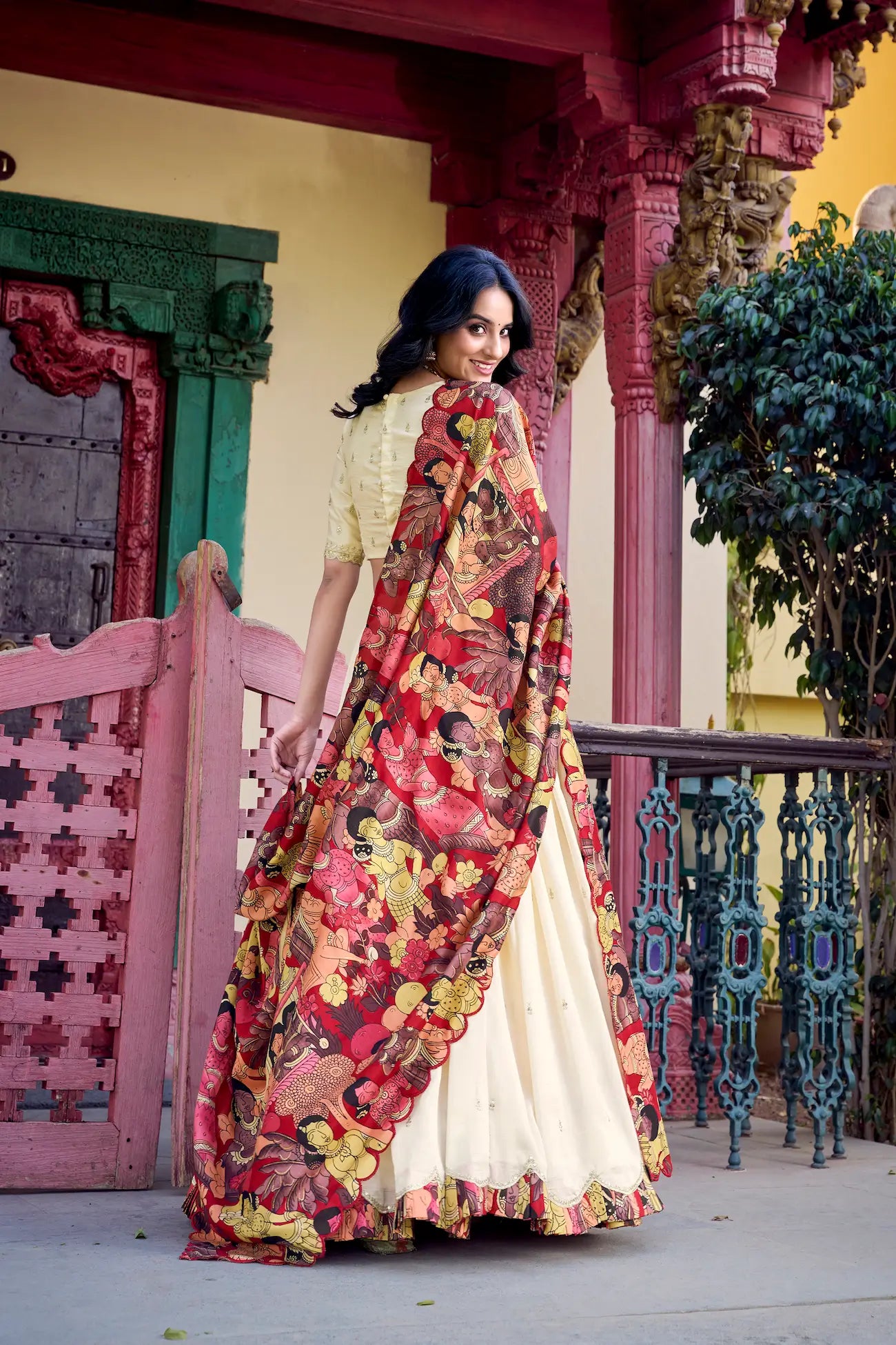 Beige Vichitra Silk Lehenga Choli With Kalamkari Print & Thread, Sequins Embroidery