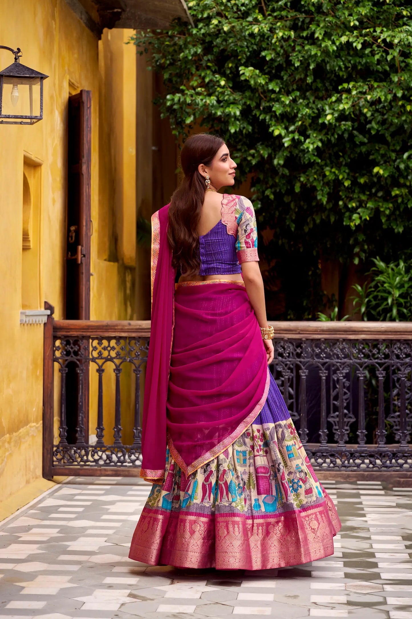 Purple Chanderi Lehenga Choli With Kalamkari Print & Zari Weaving Work