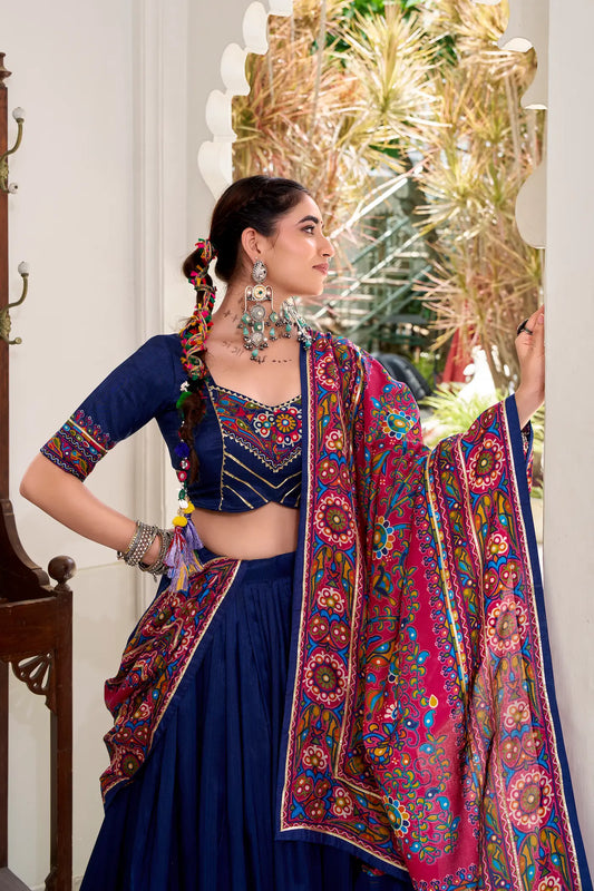 Navy Blue Tasar Silk Navratri Lehenga Choli With Gamthi Print & Lace Touch Up