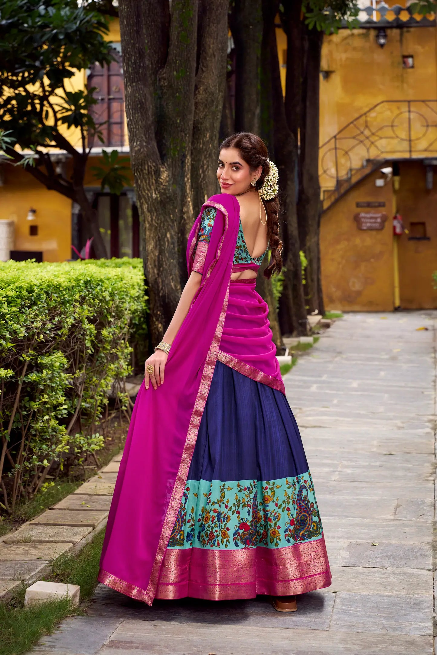 Navy Blue Printed & Zari Weaving Silk Lehenga Choli