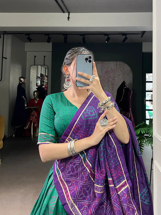 Sea Green Tasar Silk Lehenga Choli With Bandhej Print & Lace Touch Up