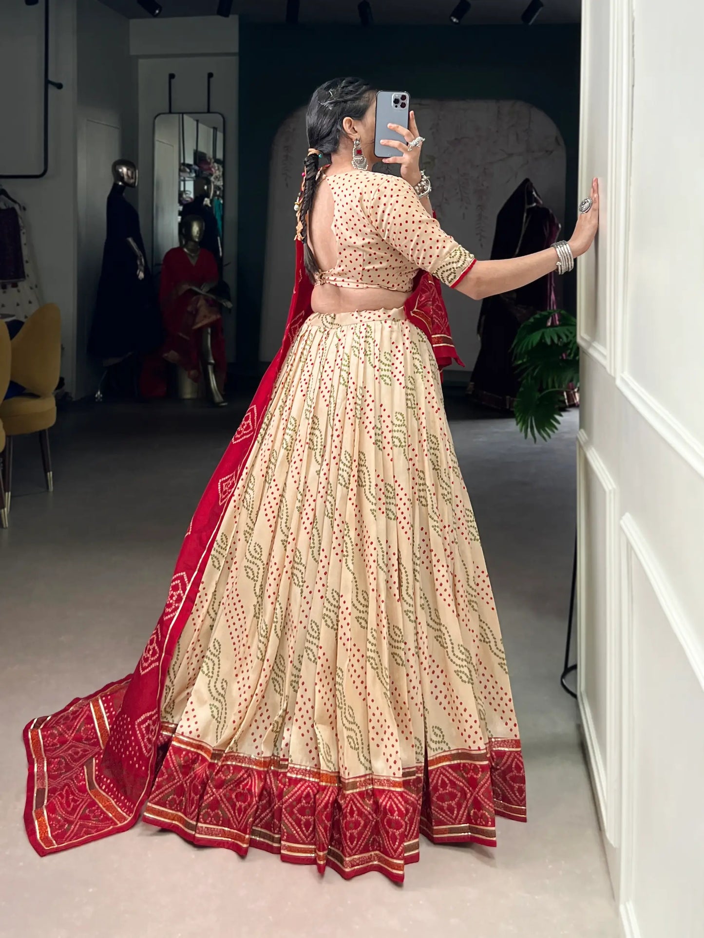 Beige Tasar Silk Lehenga Choli With Bandhej Print & Lace Touch Up