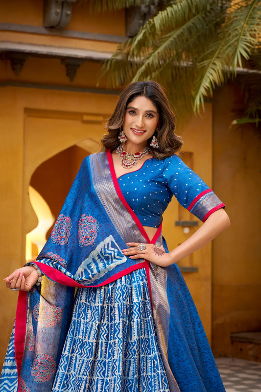 Royal Blue Dola Silk Printed Lehenga Choli