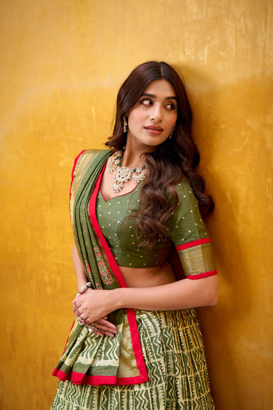 Olive Green Dola Silk Printed Lehenga Choli