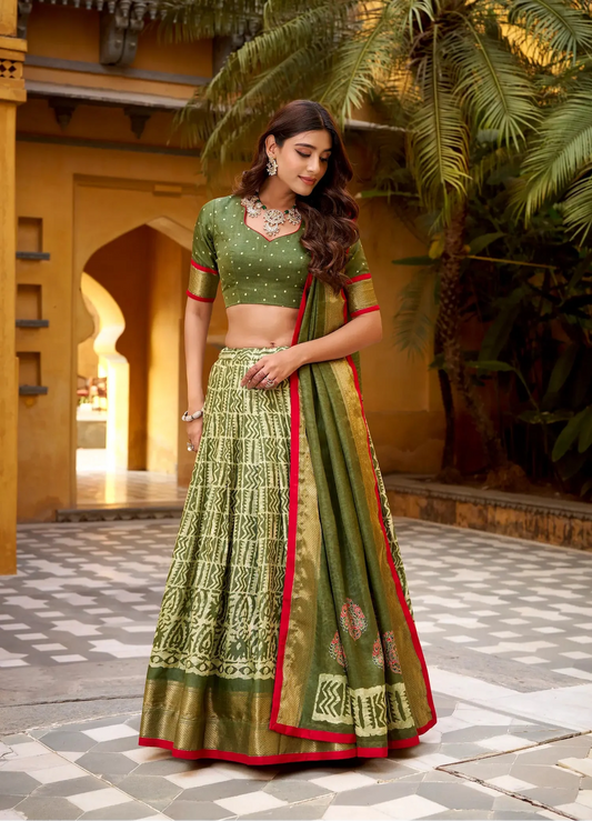 Olive Green Dola Silk Printed Lehenga Choli