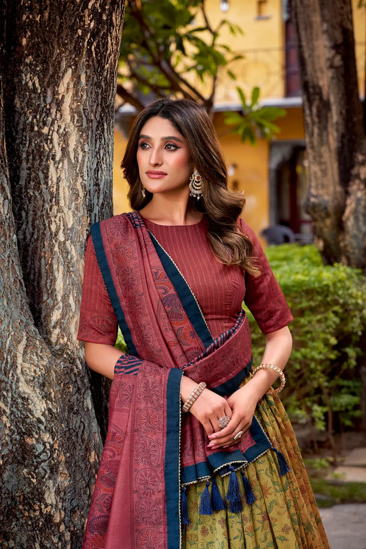 Red-Beige Vichitra Silk Printed Lehenga Choli