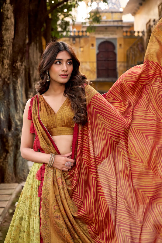 Copper-Beige Vichitra Silk Printed Lehenga Choli