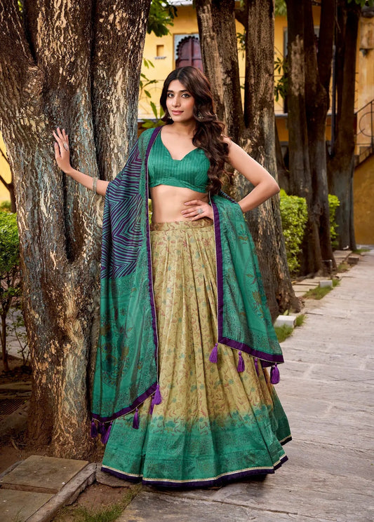 Firozi-Beige Vichitra Silk Printed Lehenga Choli