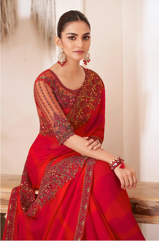 Red Shaded Silver Chiffon Party Wear Saree With Sequence & Thread Embroidery Work