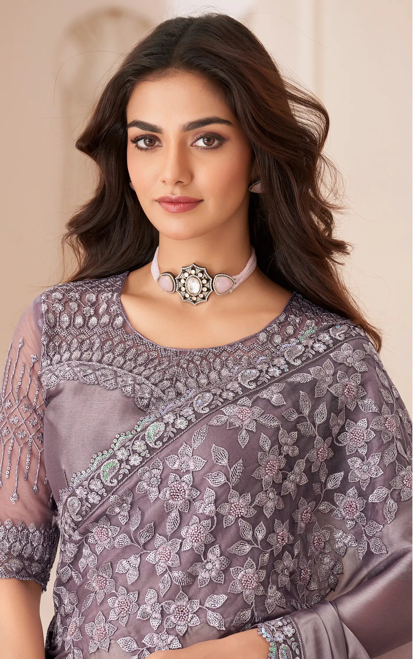 Dusty Lavender Satin Silk Party Wear Saree With Sequence & Thread Embroidery Work