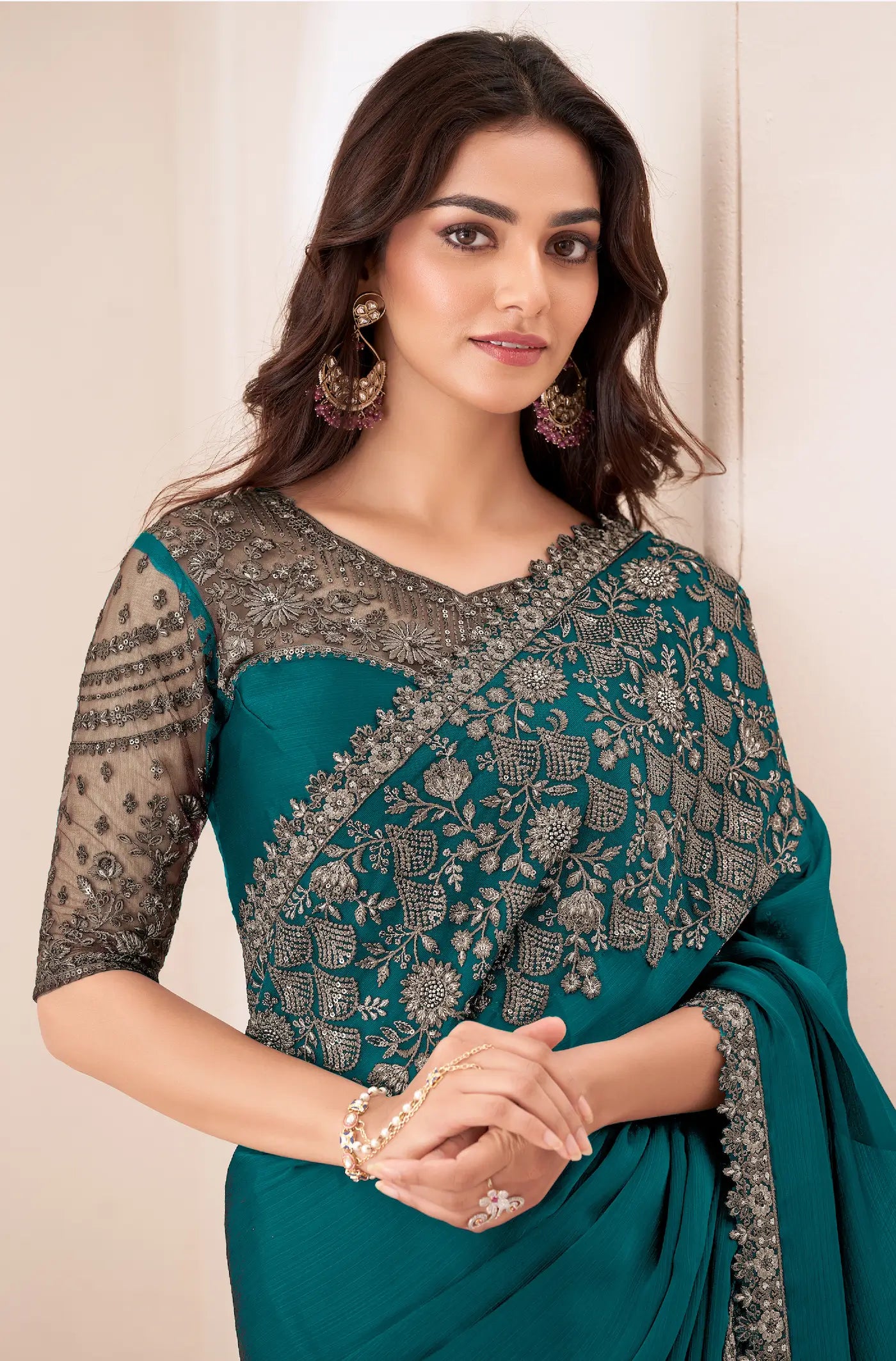 Teal Blue Satin Chiffon Party Wear Saree With Sequence & Thread Embroidery Work