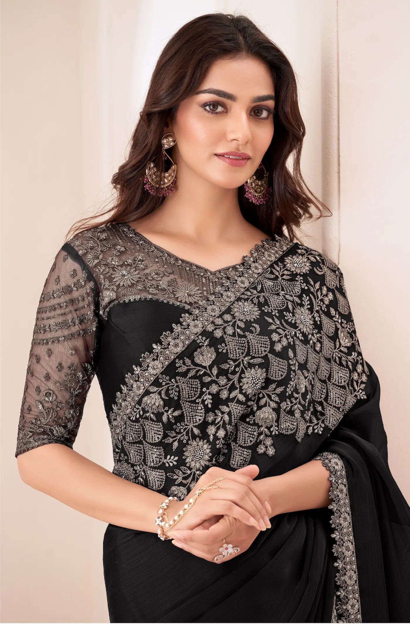 Black Satin Chiffon Party Wear Saree With Sequence & Thread Embroidery Work
