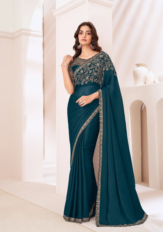 Rhino Blue Satin Chiffon Party Wear Saree With Sequence & Thread Embroidery Work
