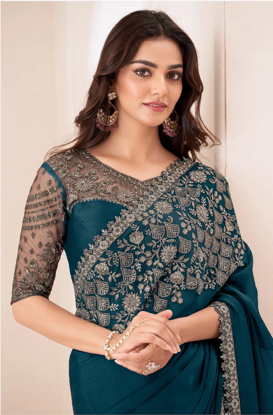 Rhino Blue Satin Chiffon Party Wear Saree With Sequence & Thread Embroidery Work