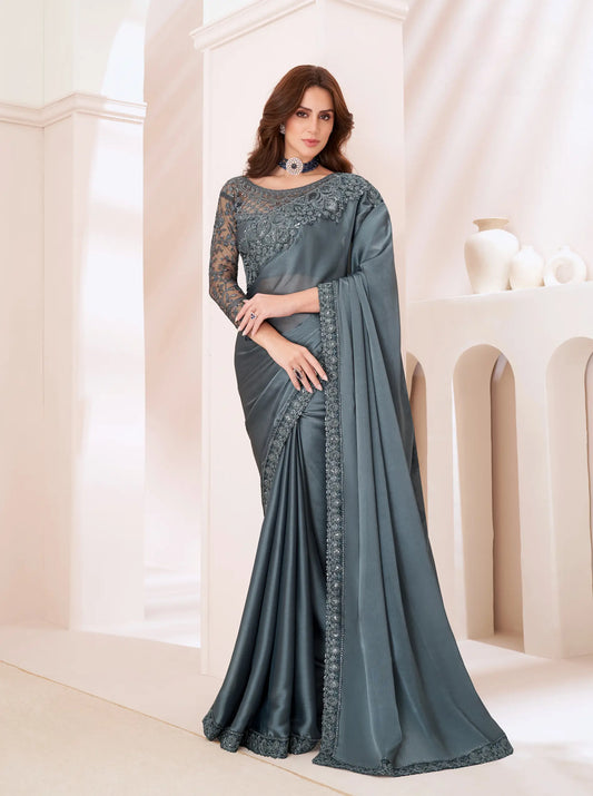 Dark Grey Georgette Party Wear Saree With Sequence & Thread Embroidery Work