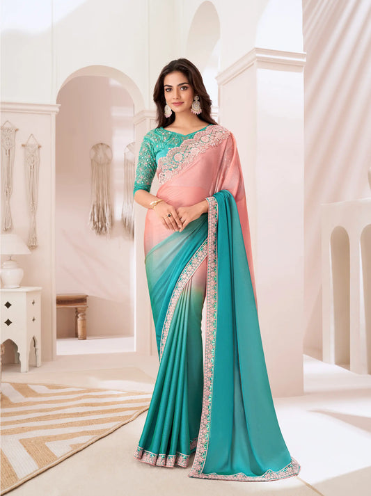 Shaded Chiffon Party Wear Saree With Sequence & Thread Embroidery Work