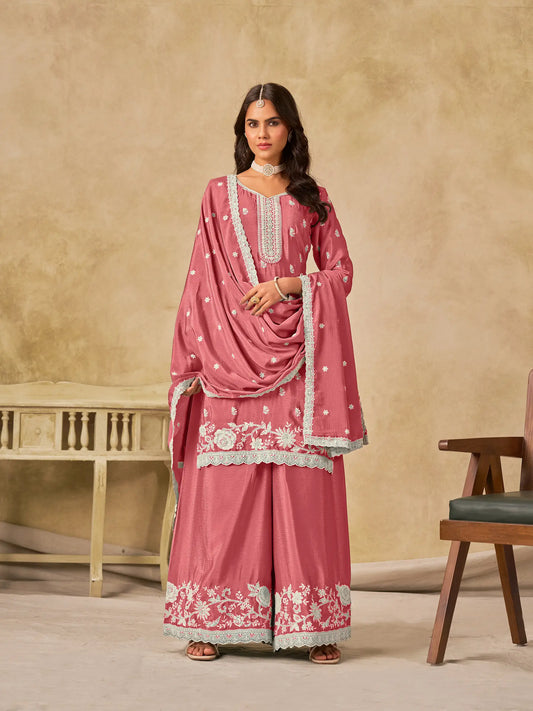 Peach Pink Chinon Embroidery Work Palazzo Suit