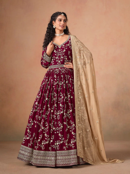 Maroon Georgette Embroidery Gown With Organza Dupatta