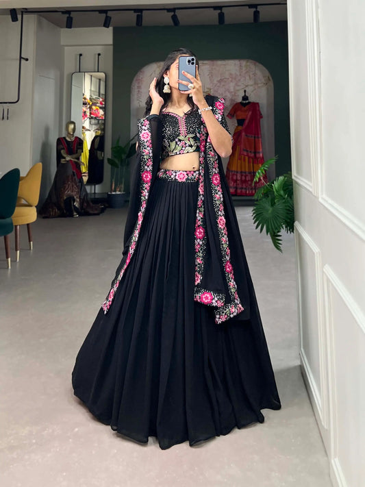 Black Georgette Sequence & Thread Embroidery Lehenga Choli