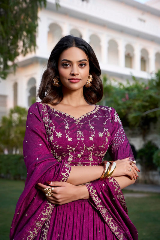 Wine Vichitra Silk Lehenga Choli Sequins and Thread Embroidery Work