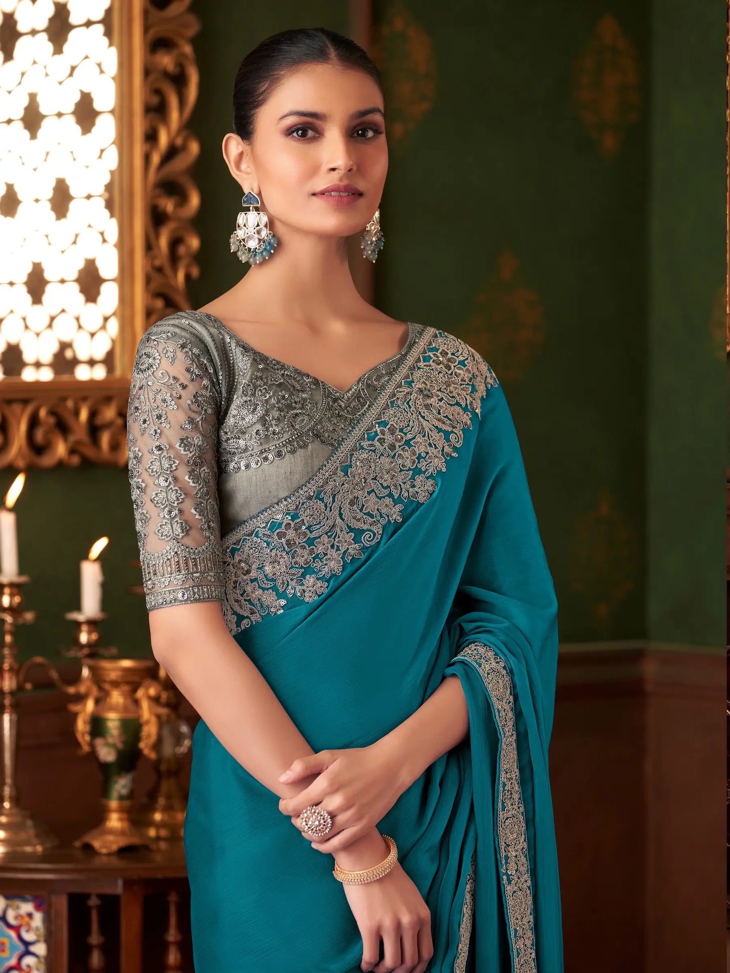 Teal Blue Chiffon Party Wear Saree With Thread & Sequence Embroidery Work