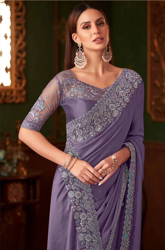 Lavender Chiffon Party Wear Saree With Thread & Sequence Embroidery Work