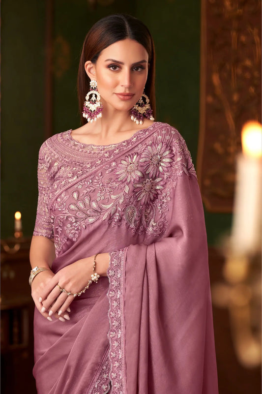 Dusty Pink Silk Georgette Party Wear Saree With Thread & Sequence Embroidery Work