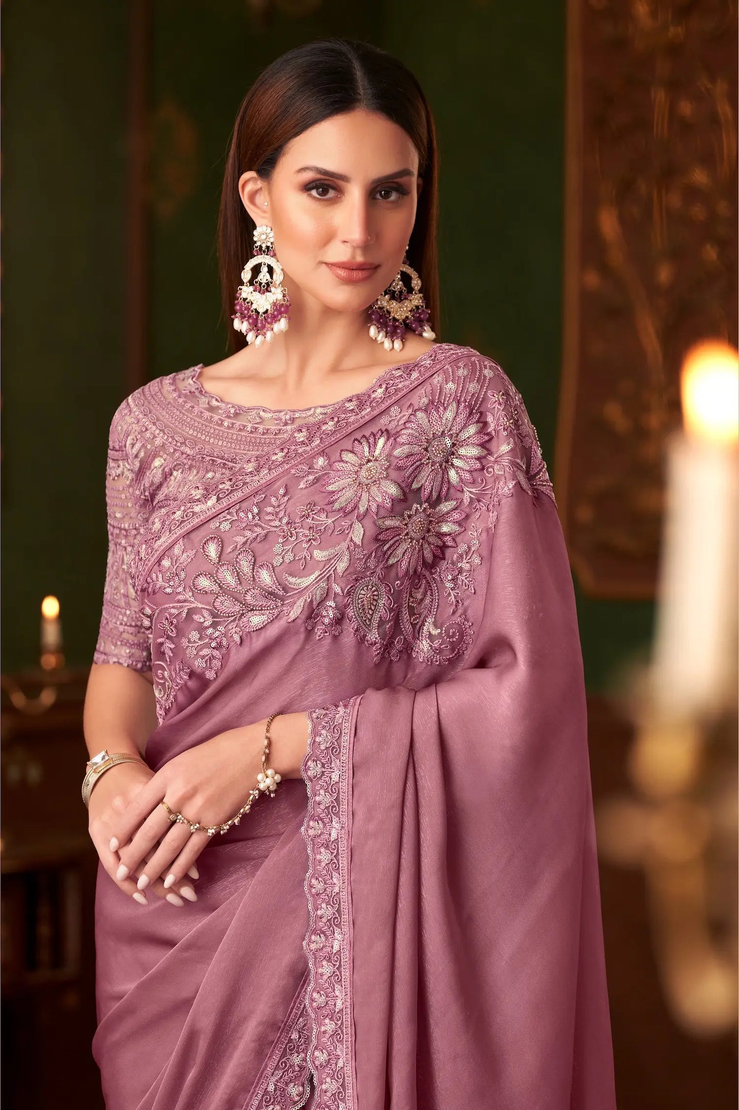 Dusty Pink Silk Georgette Party Wear Saree With Thread & Sequence Embroidery Work