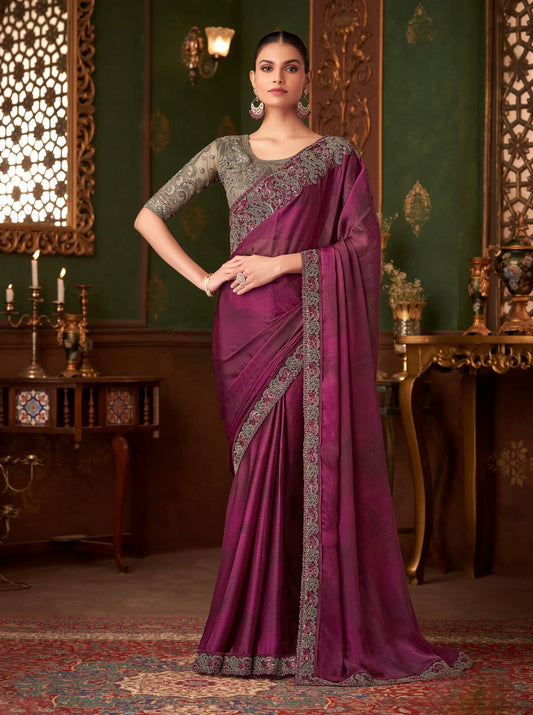 Wine Red Shaded Silk Chiffon Party Wear Saree With Thread & Sequence Embroidery Work