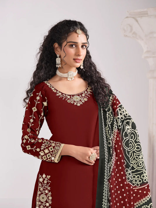 Maroon Silk Salwar Suit With Mirror Work & Embroidery