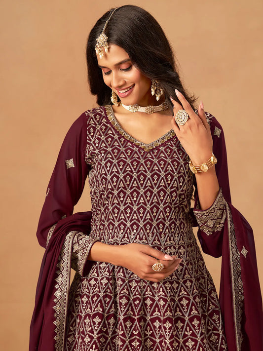 Maroon Georgette Embroidery Work Palazzo Set