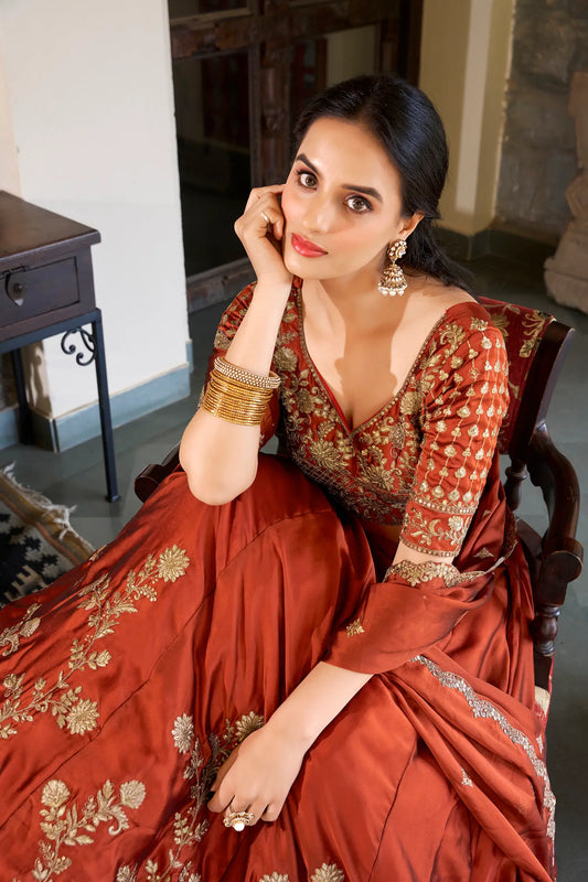 Rust Orange Rangoli Silk Lehenga Choli With Sequins and Thread Embroidery Work