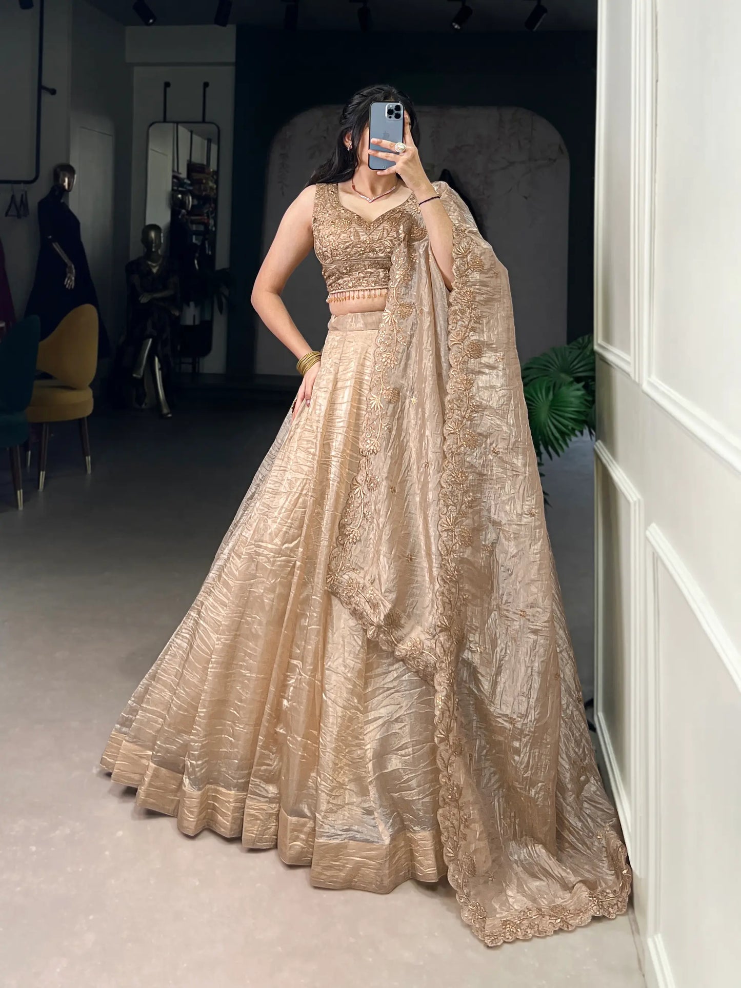 Dark Beige Crush Sequence & Thread Embroidery Lehenga Choli