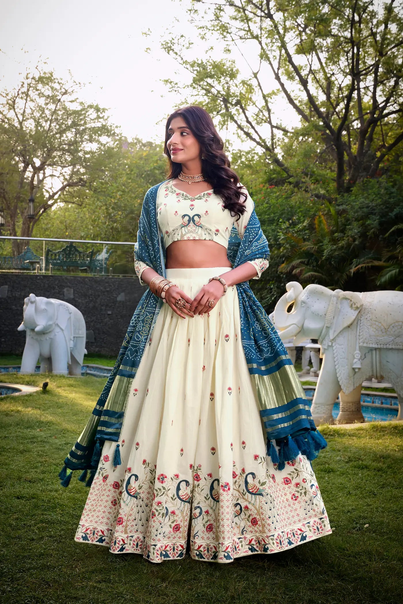 Off White Khadi Cotton Lehenga Choli With Navy Blue Gaji Silk Dupatta
