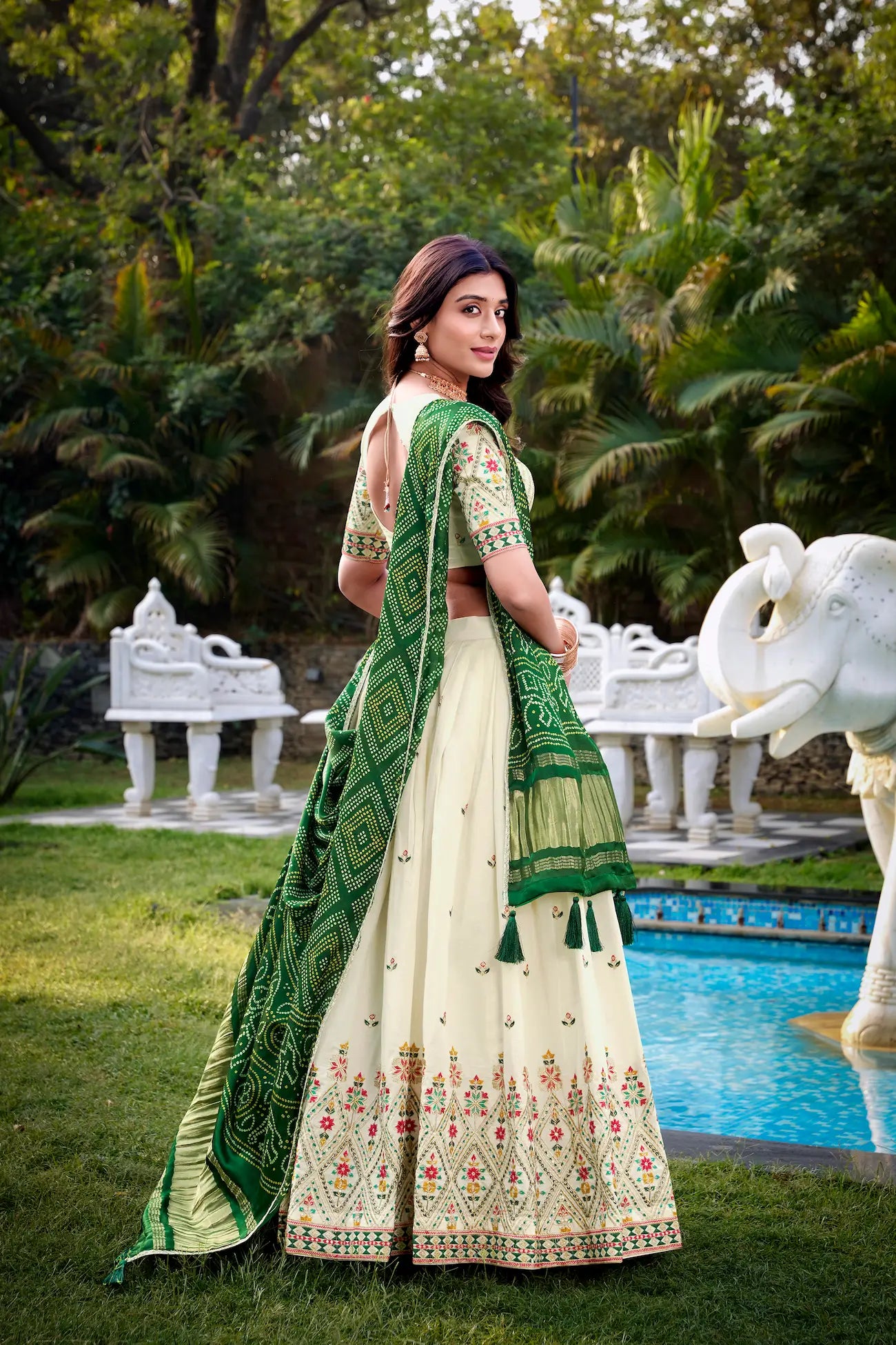 Off White Khadi Cotton Lehenga Choli With Green Gaji Silk Dupatta