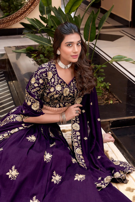Purple Vichitra Silk Pearl Coding, Sequins & Thread Embroidery Work Lehenga Choli