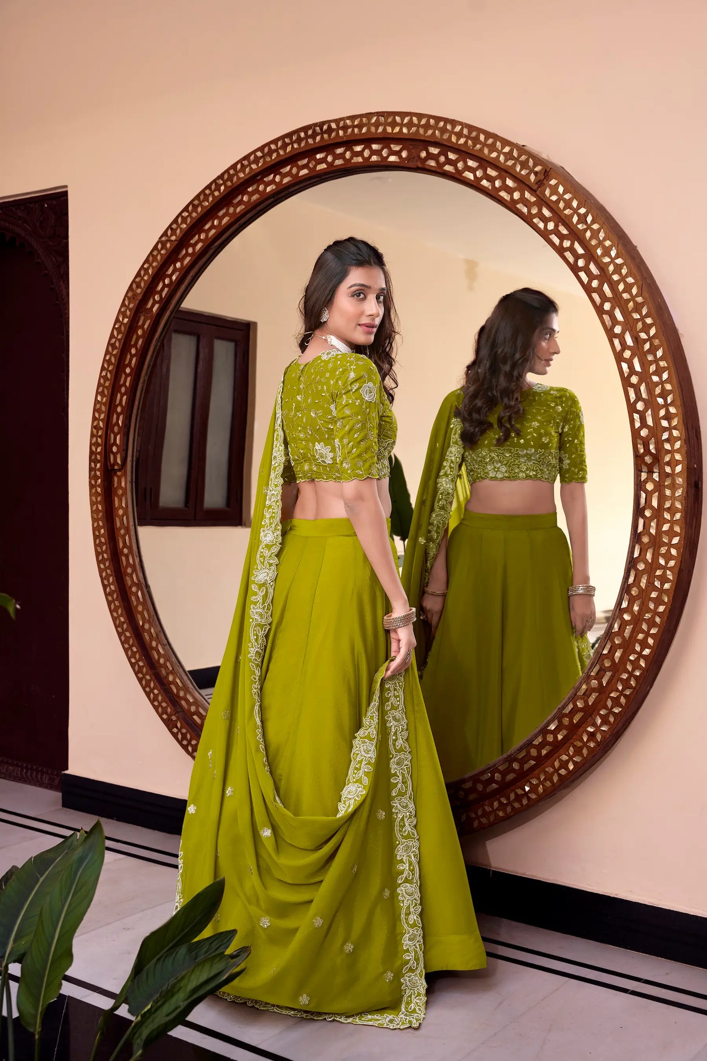 Parrot Green Georgette Pearl Coding, Sequins & Thread Embroidery Work Lehenga Choli