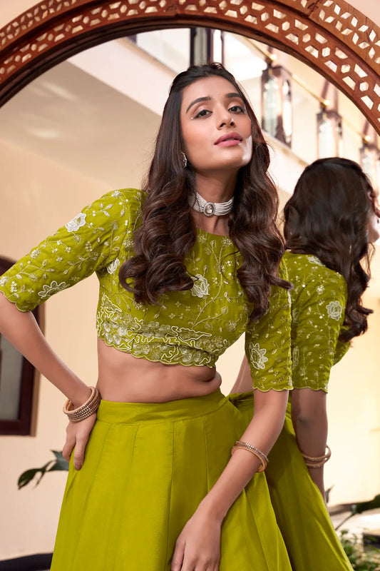 Parrot Green Georgette Pearl Coding, Sequins & Thread Embroidery Work Lehenga Choli