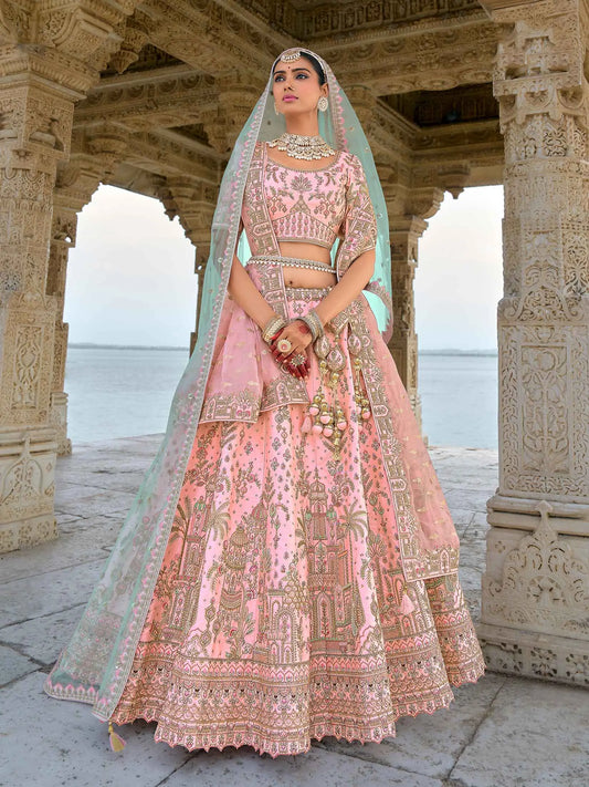 Tea Rose Designer Bridal Lehenga With Heavy Embroidery & 2 Dupatta